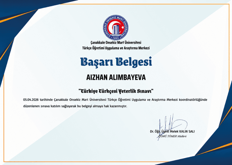 Certificate TÖMER — Aizhan A.