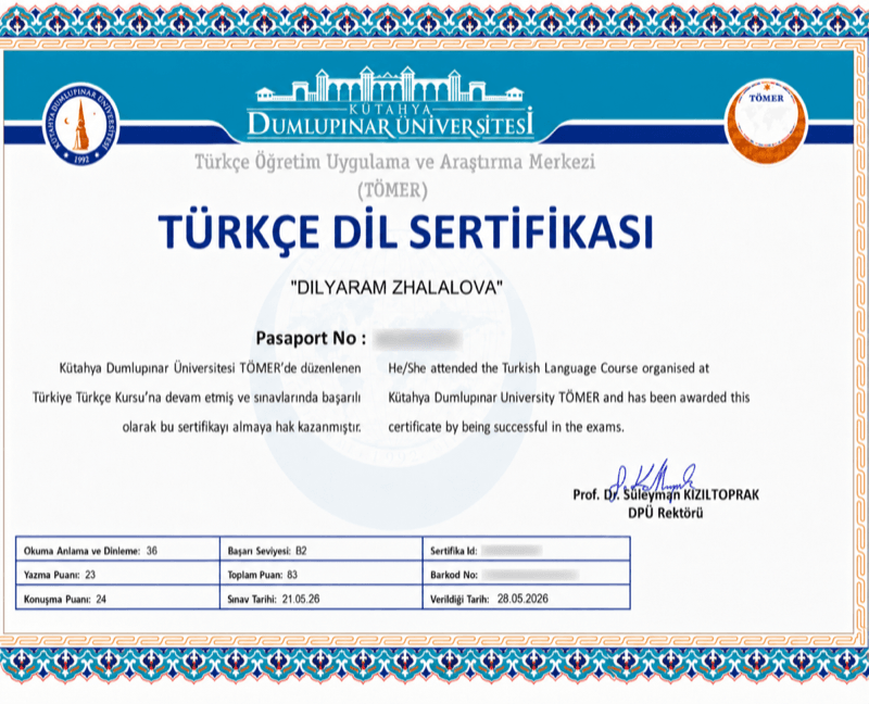 Certificate TÖMER — Dilyaram Zh.